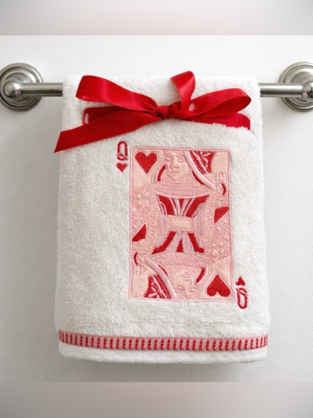 Queen of Hearts Embroidered White Hand Towel with Red Accents